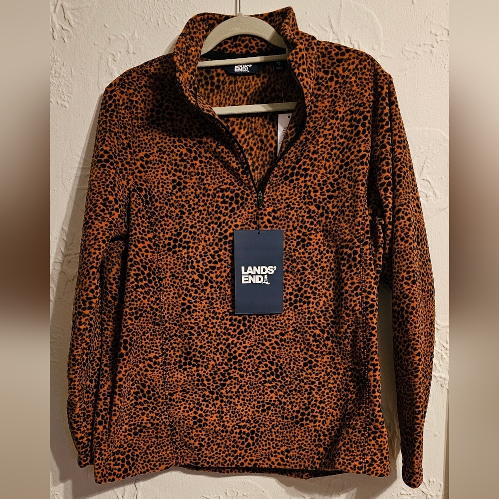 Lands' End Quarter Zip Leopard Print Fleece Pullover Shirt NWT